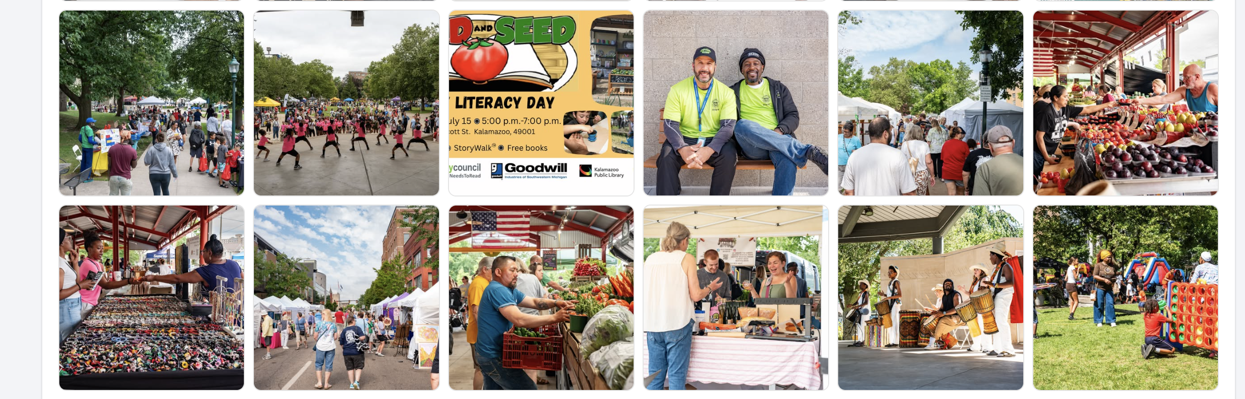 Collage of Stryker Johnston Foundation community events, literacy activities, farmers market scenes, performances, and partner programs.